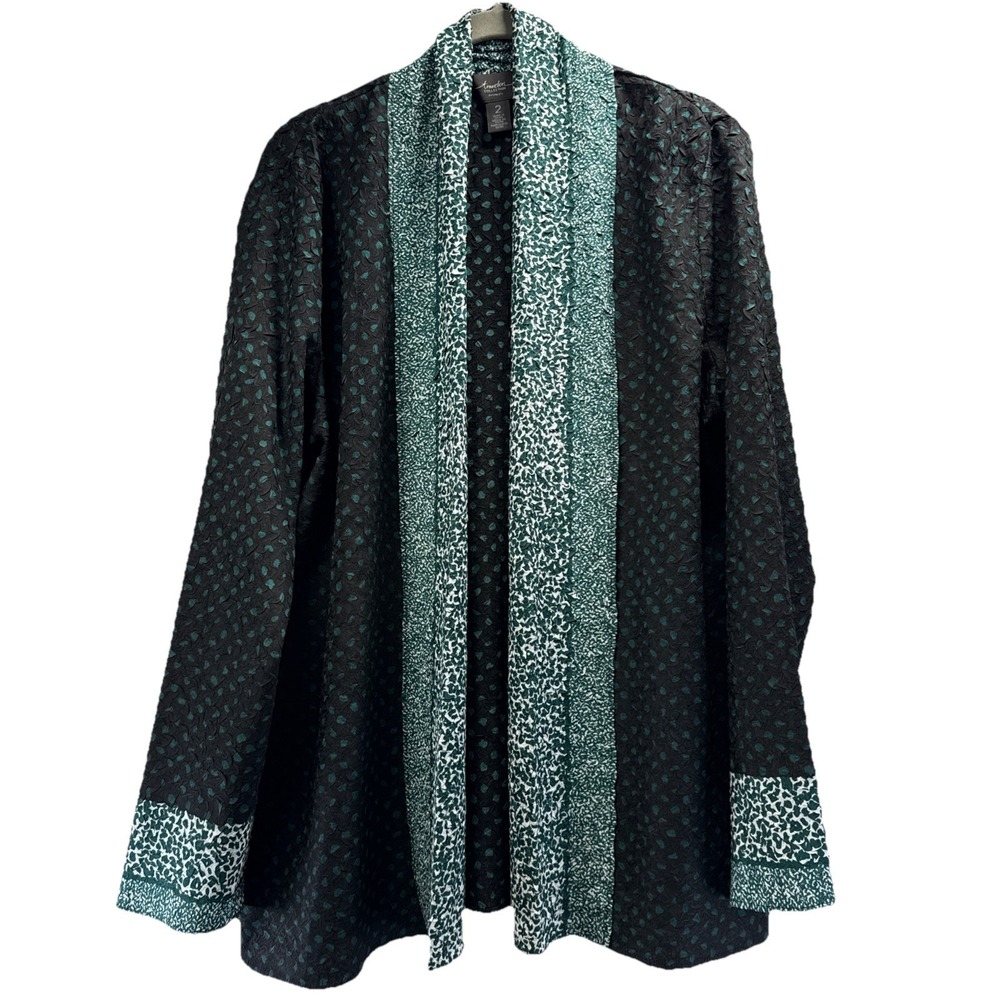 Chicos Women's Cardigan L Crinkle Mixed Print Black‎ Green Long Sleeve Stretch